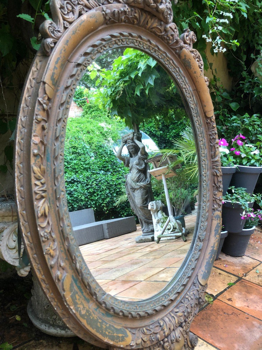 Grand Miroir Décoratif En Bois Sculpté 19ème. ( 156 Cm )-photo-4