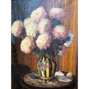 Decorative Painting "flowers In A Vase" Oil On Canvas 1920-1930.