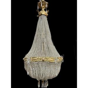 Large "pearl Bag" Chandelier In Bronze And Crystal Late 19th Century.