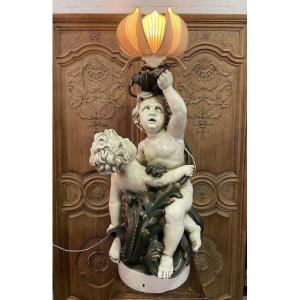 Grande Sculpture / Lampadaire " 2 Putti Renaissance " En Plâtre 19ème