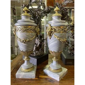 Pair Of Large Casollettes In Gray Marble/bronze  19thc.