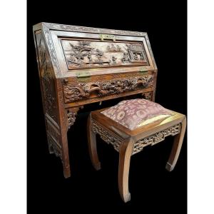 Charmant Bureau / Secrétaire Avec Pouf, Chine Vers 1900 