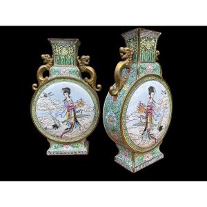 Pair Of Gloisonné Enamel Vases "special Model" 20thc.