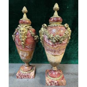 Pair Of Large Magnificently Colored Marble Cassolettes 19thc. (56 Cm).