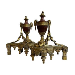 Pair Of Louis XVI Style Andirons In Gilt Bronze And Marble 19thc.