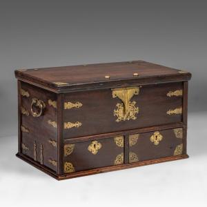 Pretty Colonial Hardwood Chest With Brass Mounts, 18th Century