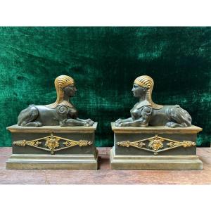 Pair Of 19th Century Empire Style Bronze Sphinxes.