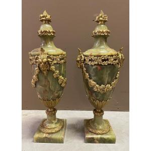 Pair Of Large Cassolettes In Onyx And Gilt Bronze 19thc.