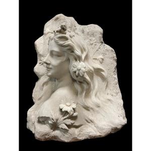 Art Nouveau Relief In White Marble Representing A Young Woman