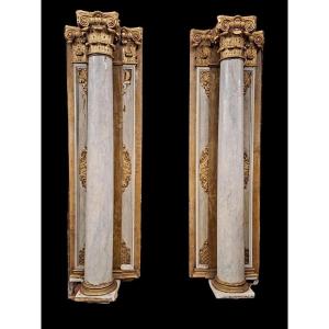 Pair Of Large Columns / Paneling With Corinthian Wooden Capitals 18th Century.