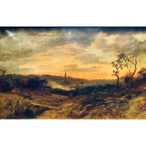 Atmospheric Evening Landscape, Oil On Canvas 78x48 Cm 19th Century 