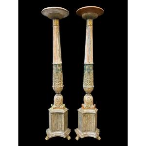 Pair Of Large Empire Period Wooden Oil Burners / Uprights