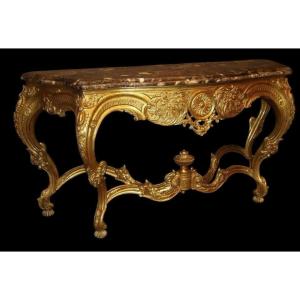 Grande Console à 4 Pieds De Style Louis XV En Bois Doré 19ème.