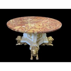 Center Table In White And Gold Carved Wood, With Round Top In Breche d'Alep Marble.