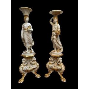 Paire De Belles Sculptures / étagères Sur Piédestal En Bois 19ème. ( 183 Cm )