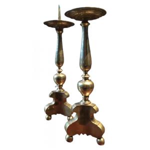 A Pair Of Bronze Candlesticks Circa 1700 