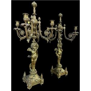 Pair Of Large Candelabra With Angels In Bronze 19th Century (76 Cm)