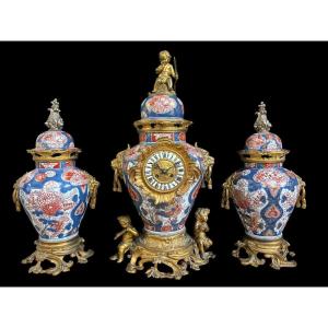 Grande Garniture De Cheminée En Porcelaine Et Bronze Doré 19ème.