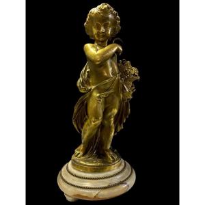 Beautiful Bronze Sculpture Of Putti With Fruit Basket "summer" 19thc.