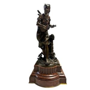 Beautiful Sculpture “young Fairy With Guitar” In Bronze From The Early 20th Century.