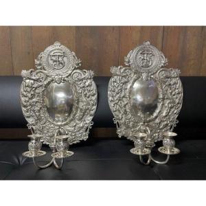 Pair Of 19th Century Silver Metal Wall Sconces / Candle Holders.