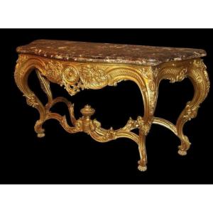 Large Louis XV Style 4-legged Console Table In Gilded Wood, 19th Century.