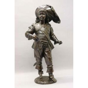 Sculpture "noble Avec Chapeau à Plume" En Bronze , 19ème ( 66 Cm )