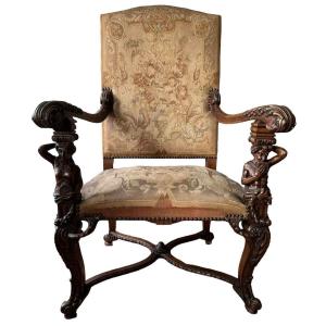 Grand Fauteuil "2 Sculptures" En Noyer Avec Tissu Gobelain 19ème.