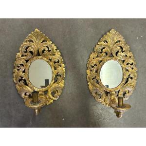 Pair Of 19th Century Gilded Wood Wall Lights With Mirror.