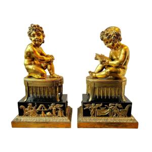 Paire De Sculptures En Bronze Doré Et Patiné Début 19ème.