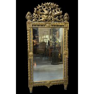 Grand Miroir d'époque Louis XVI En Bois Doré 18ème ( 184 Cm )