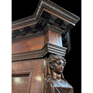 Large "breakfront" Empire Style Bookcase In Mahogany 19th Century. (304 Cm)