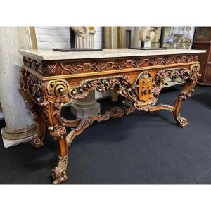 Large Decorative Console In Carved Wood, 20th Century.