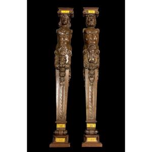 Pair Of Large Walnut Caryatids From The Late 19th Century. (140 Cm)