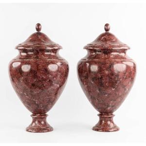 Pair Of Wooden Lidded Vases Painted In Imitation Of Porphyry, 20th Century. (62 Cm)