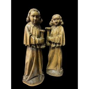 Paire d'Anges En Bois Avec Candélabre , Flandres, Bruges, Vers 1500