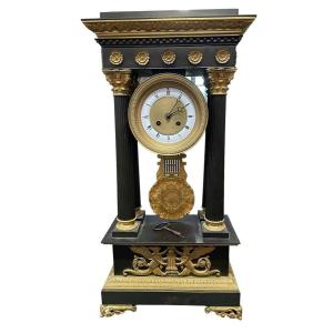 Large Portico Clock In Gilded And Patinated Bronze, 19th Century.