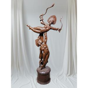 Large Decorative Sculpture “pair Of Dancers” In Wood, Early 20th Century. (255 Cm)