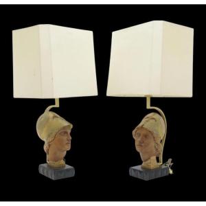 Pair Of Decorative Wooden “head Of Athena” Floor Lamps, 20th Century.