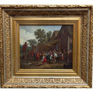 Beautiful Painting “peasant Village Festival” Oil On Panel 19th Century.