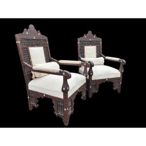 Pair Of Carved Armchairs With Ebony And Mother-of-pearl Inlays. Syria, 19th Century.