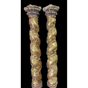 Pair Of Large Twisted Columns With Capitals, Early 17th Century.