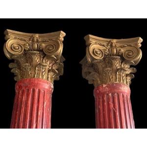 Pair Of Large Columns With Corinthian Plaster Capitals, Early 20th Century.