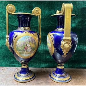 Pair Of Fine Empire Style Sèvres Porcelain Vases, 20th Century.