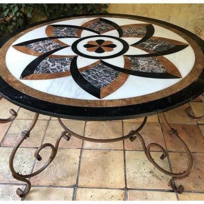 Decorative Wrought Iron Table With Inlaid Marble Top.