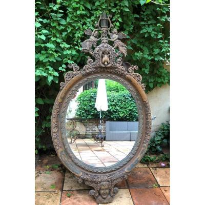 Large Decorative Mirror In Carved Wood 19thc. (156 Cm)