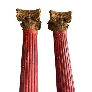 Pair Of Large Columns With Corinthian Capitals In Plaster Early 20thc.