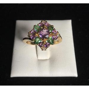 Gold Ring, Amethysts, Emeralds And Diamonds