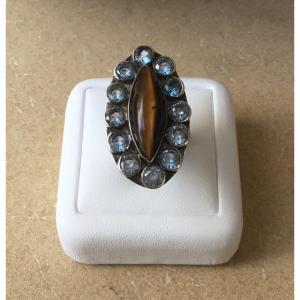 Silver, Tiger's Eye And Topaz Ring