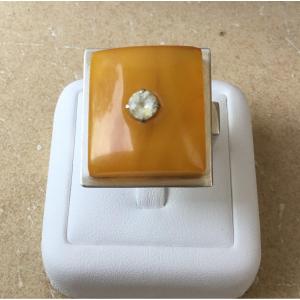 Bague argent, ambre et saphir